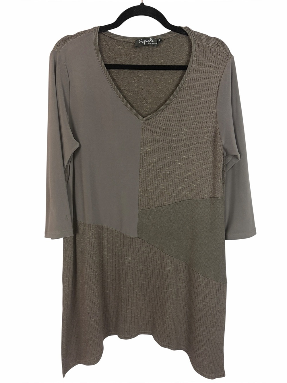Sympli Canada Colorblock Tunic Top Size 12 Taupe Gray Asymmetrical V-Neck